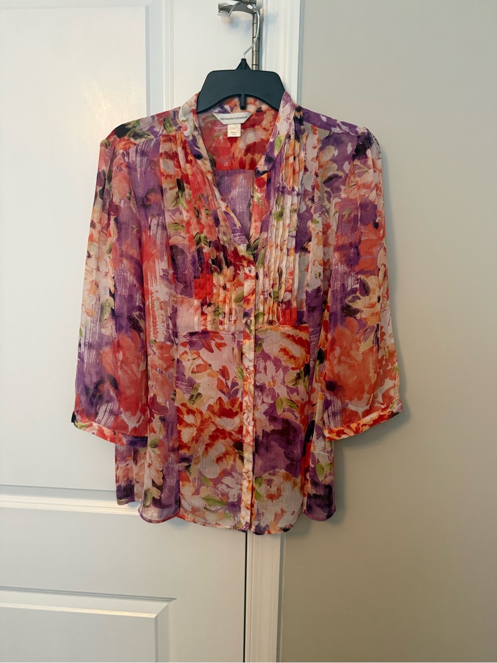 Christopher & Banks Purple and Coral Floral Pintuck Blouse
